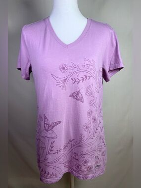 Women's Life Is Good Lavender Mushroom Flowers & Butterflies V-Neck Tee Shirt